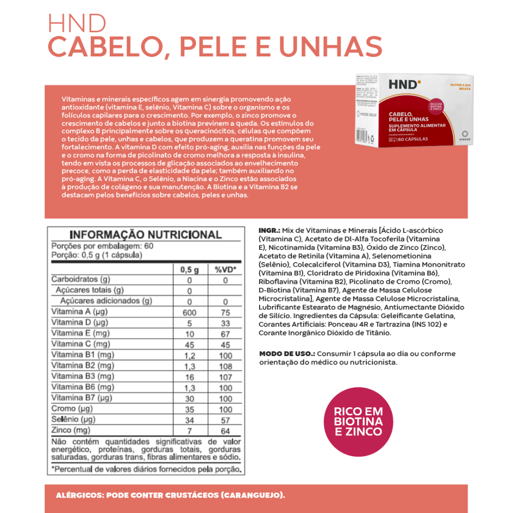 Imagem 2 de Suplemento Alimentar em Cápsula Cabelo, Pele e Unha HND